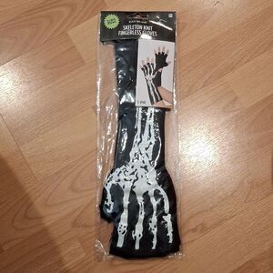 New Black Bone Skeleton glow in the dark Knit Fingerless Costume Gloves